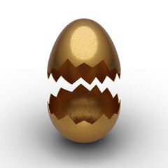 3D Illustration ,Happy Easter!  a cracked gold  easter egg on  transparent background .