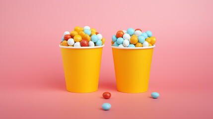 pink paper cups with tasty candies on color background