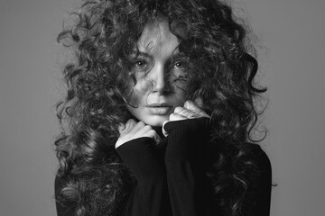 beauty black and white portrait of hairy girl