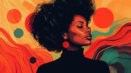 Vibrant illustration of a black woman with an abstract background symbolizing Juneteenth and racial justice themes. - obrazy, fototapety, plakaty