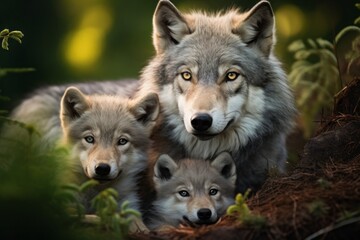 Obraz premium gray mother wolf with her cubs, litter cozy cuddles together in her burrow. wildlife, motherhood in animals. brood.