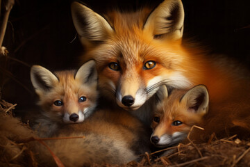 Naklejka na ściany i meble adorable red mother fox with her young ones, cozy cuddles together on a soft flower background. animal family, motherhood in animals.