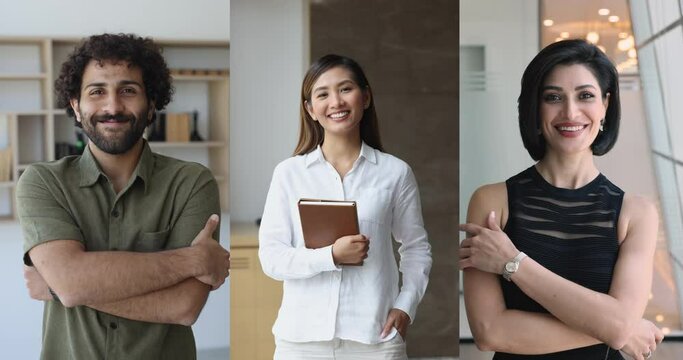 Group of multiracial businesspeople looking at camera posing at workplace. Collage of three confident and ambitious men and women standing in modern office feel satisfied with career and perspectives