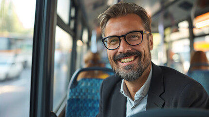 Portrait of a happy business man traveling by bus taking public transportation to reduce air pollution , businessman going to work by bus - obrazy, fototapety, plakaty