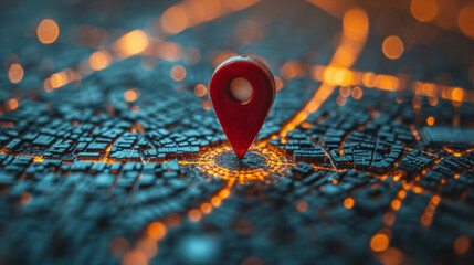 Red map pin in cityscape and network connection, indicating the city destination on the map and connection concept - obrazy, fototapety, plakaty
