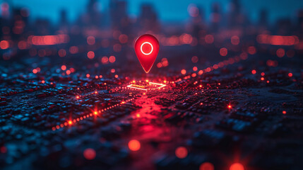 Red map pin in cityscape and network connection, indicating the city destination on the map and connection concept
