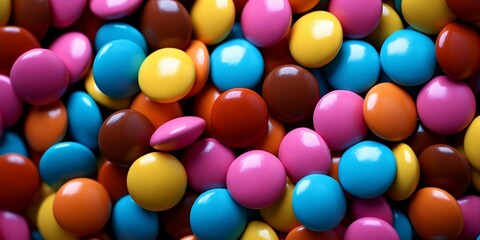 Background of chocolate candy with colored glaze. Scattered multicolored candy