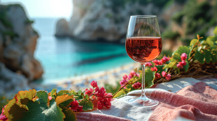Close-up of rosé wine glass on a beach towel, with a blurred background of a beach scene, copy...