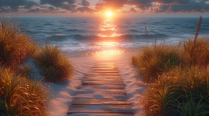 Long boardwalk leading to the white sand beach and ocean water at sunset with few shrubs on sides - obrazy, fototapety, plakaty