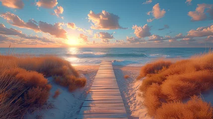 Crédence de cuisine en verre imprimé Descente vers la plage Long boardwalk leading to the white sand beach and ocean water at sunset with few shrubs on sides