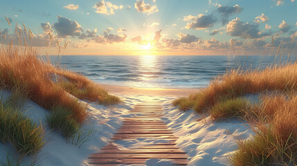 Long boardwalk leading to the white sand beach and ocean water at sunset with few shrubs on sides - obrazy, fototapety, plakaty