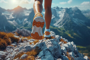 Low angle view of legs with sports shoes running on a mountain on summer day , trekking or trail run concept image - Powered by Adobe