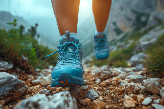 Low angle view of legs with sports shoes running on a mountain on summer day , trekking or trail run concept image
