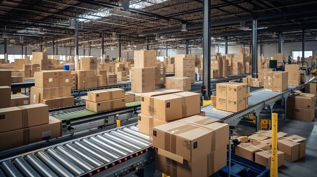 Warehouse fulfillment center with multiple cardboard box package. Conveyor belt in distribution warehouse for logistic and delivery concept. Generative AI