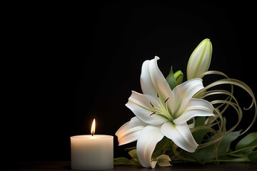 Beautiful white lily and burning candle on dark background with space for text. Stock image