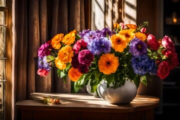  A radiant spring flower bouquet placed elegantly within a home interior.