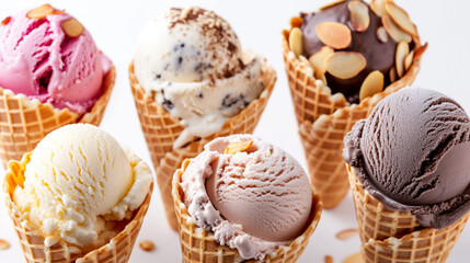 various of ice cream flavor in cones almond. Ai Generative