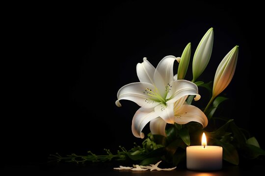Beautiful white lily and burning candle on dark background with space for text. Stock image