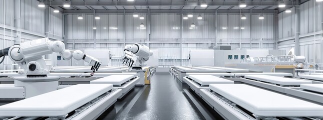 White Robot Arms on Automated EV Battery Components Production Line. Electric Car Battery Pack Manufacturing Process. Conveyor Belt on a Modern Factory. - obrazy, fototapety, plakaty