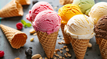 various of ice cream flavor in cones almond. Ai Generative - obrazy, fototapety, plakaty
