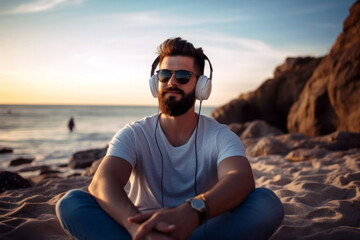 Portrait of a handsome young man enjoying listening to music22 - obrazy, fototapety, plakaty