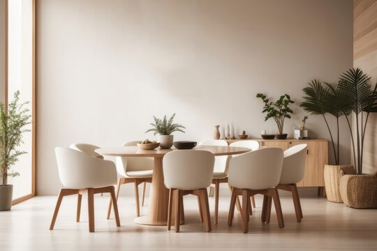 Japandi Interior home design of modern dining room with chairs and round wooden dining table with wooden furniture and houseplants on beige stucco wall