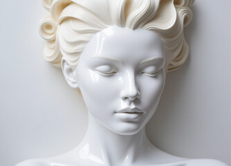 white glossy latex mask of a beautiful woman, white glossy, latex surface in the shape of a human face	