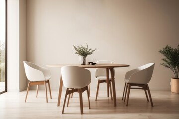 Japandi Interior home design of modern dining room with chairs and round wooden dining table with wooden furniture and houseplants on beige stucco wall