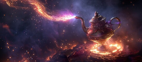 Magical genie emerging from lamp, granting wishes. - obrazy, fototapety, plakaty