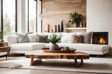 French Interior home design of modern living room with white sofa and wooden table with fireplace and white brick wall