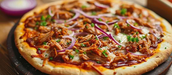 Foto op Aluminium Tasty homemade pizza with BBQ pulled pork and red onion. © 2rogan
