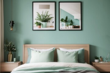 French interior home design of modern bedroom with wooden bed and mint color wall with poster frame
