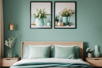 French interior home design of modern bedroom with wooden bed and mint color wall with poster frame