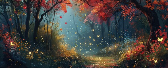 Enchanted autumn forest scene with magical glowing butterflies. Fantasy and nature - obrazy, fototapety, plakaty