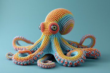 A depiction of a knitted Octopus, on a pastel coloored backgrond.