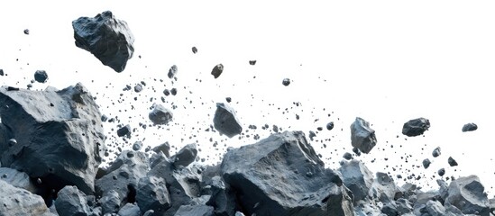 Asteroid swarm in a 3D graphic, on a white background with a space theme. - obrazy, fototapety, plakaty