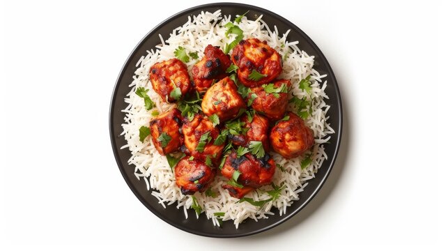 Savor the authentic flavors of Indian cuisine with this vibrant image featuring tandoori chicken and aromatic rice  on a black plate, isolated on white background