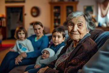 Fototapeta na wymiar Happy Elderly with Grandchildren Smiling Senior with Loving Family