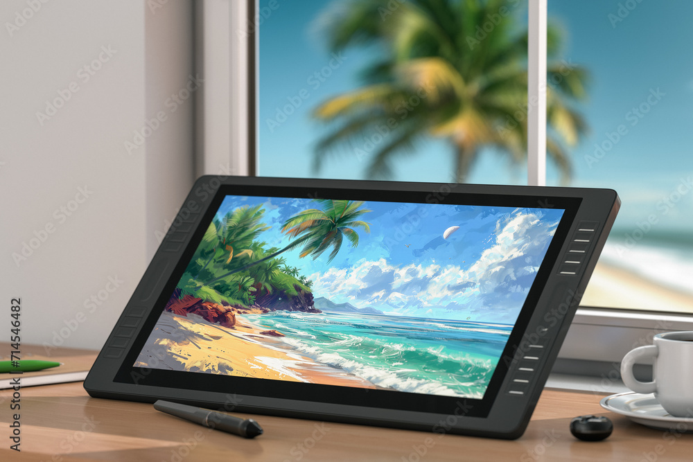 Poster Big Size of Digital Graphics Drawing Tablet Monitor with Pen and Abstract Drawing of a Ocean Sand Beach on a Wooden Table Workplace. 3d Rendering