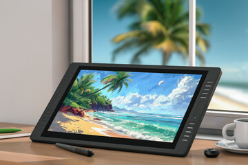 Big Size of Digital Graphics Drawing Tablet Monitor with Pen and Abstract Drawing of a Ocean Sand Beach on a Wooden Table Workplace. 3d Rendering
