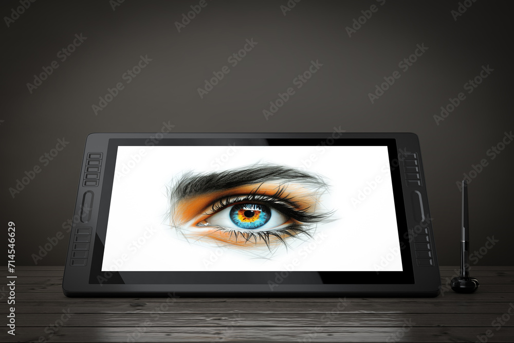Poster big size of digital graphics drawing tablet monitor with pen and abstract drawing of a vibrant color