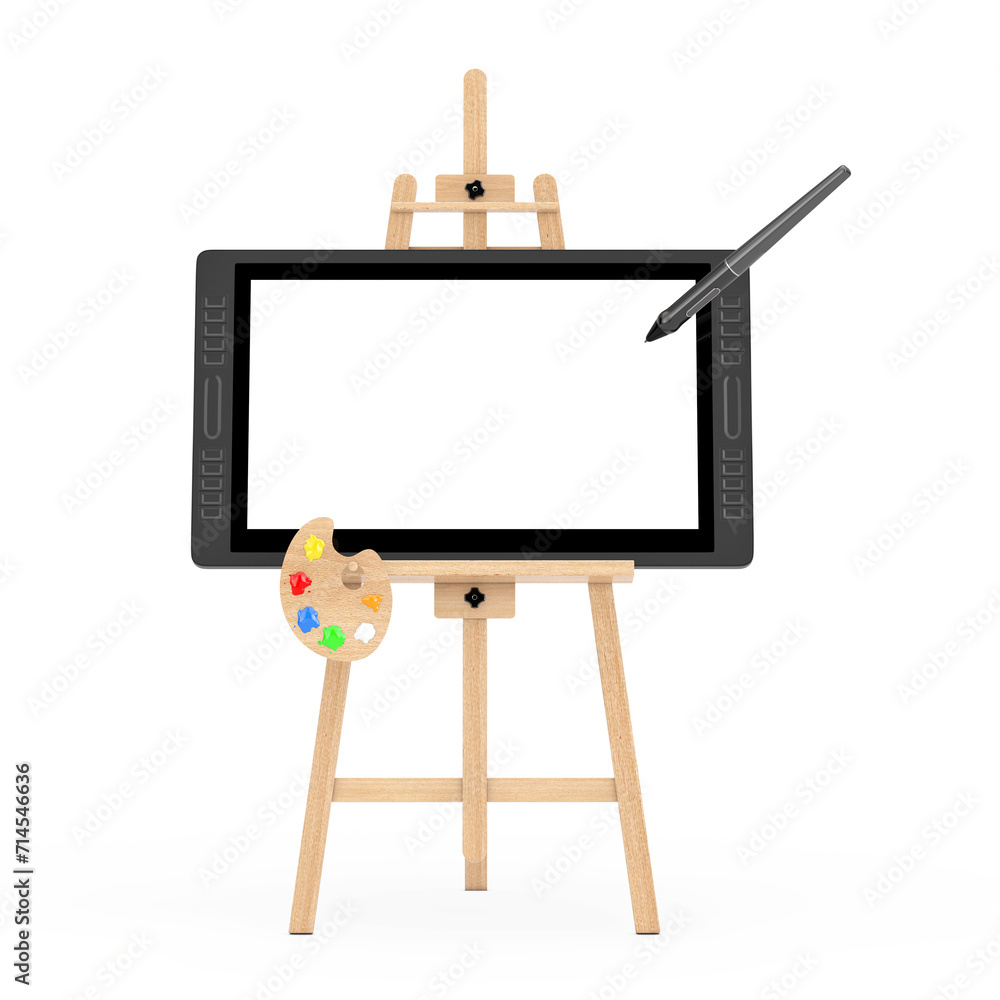 Leinwandbilder wooden artist easel with big size of digital graphics drawing tablet monitor with pen and blank scre