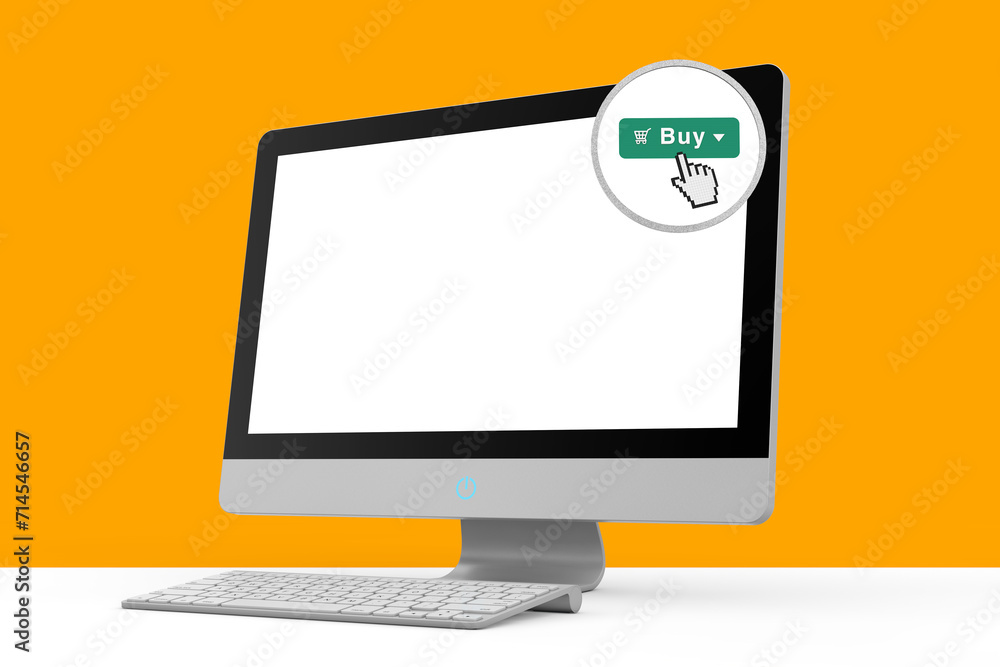 Poster Online Shopping Concept. Modern Desktop Computer with Magnifier and Buy Button on the Screen. 3d Rendering