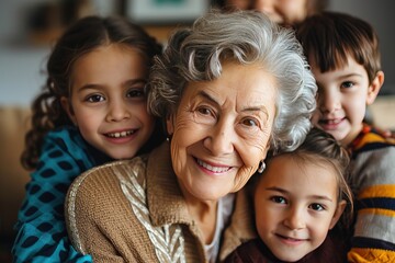 Obraz premium Happy Elderly with Grandchildren Smiling Senior with Loving Family