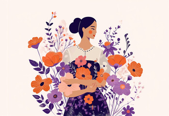 Graceful Bloom Embrace: Elegant Woman Clutching a Bouquet of Wildflowers