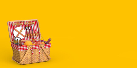Wicker Picnic Wooden Basket with Tableware, Food and Drink Picnic Set. 3d Rendering