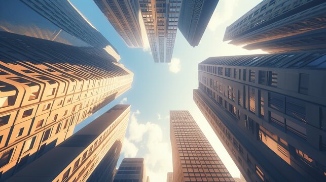 Business office buildings from bottom view or reflective skyscrapers concept. Created with Generative AI