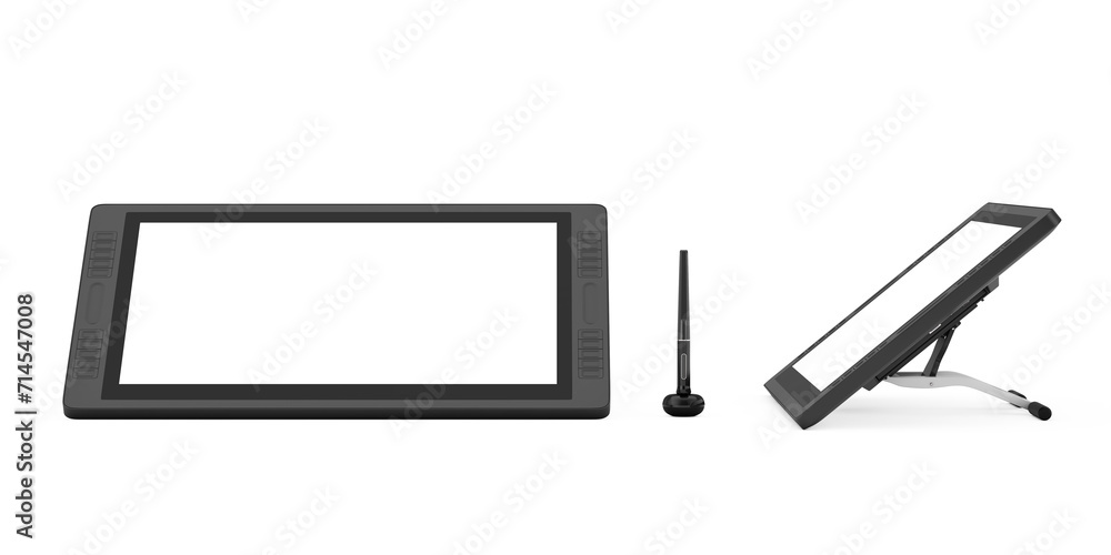 Poster big size of digital graphics drawing tablet monitor with pen and blank screen for your design. 3d re