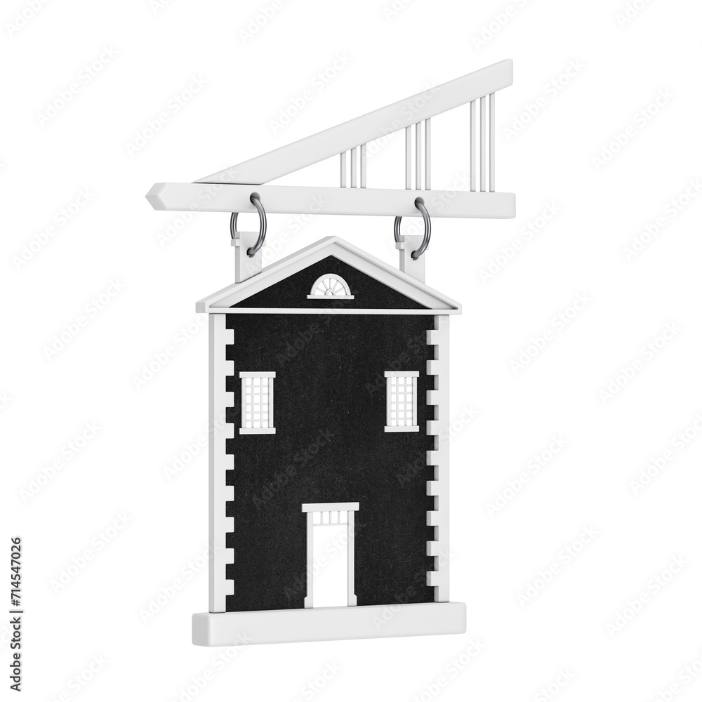 Poster white hanging sign in shape of house building with empty blackboard for your design in clay style. 3