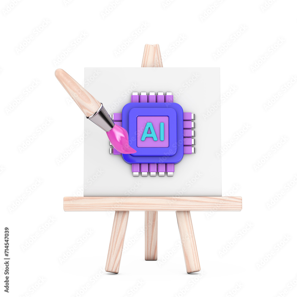 Leinwandbilder Cartoon Artist Paintbrush with Easel and AI Powered Microchip CPU Processor Web Icon. 3d Rendering